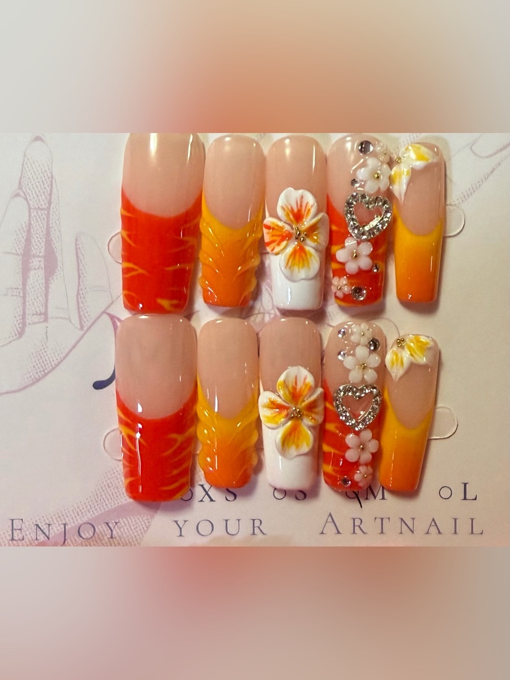 Floral Orange & Yellow Acrylic Nail Set with Rhinestone Accents